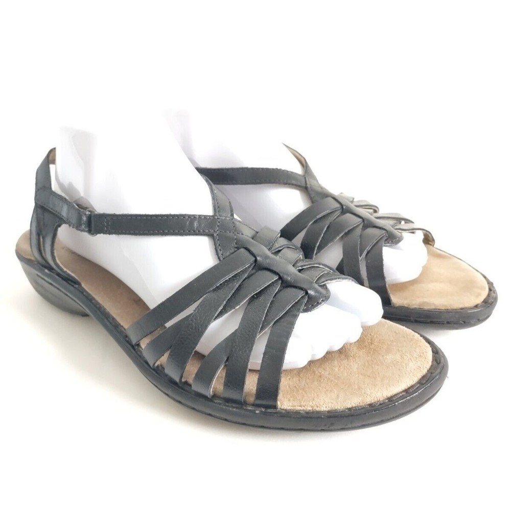 Clarks Leather Black Flat Strappy Sandal Womens Size 12 Slingback Buckle Comfort